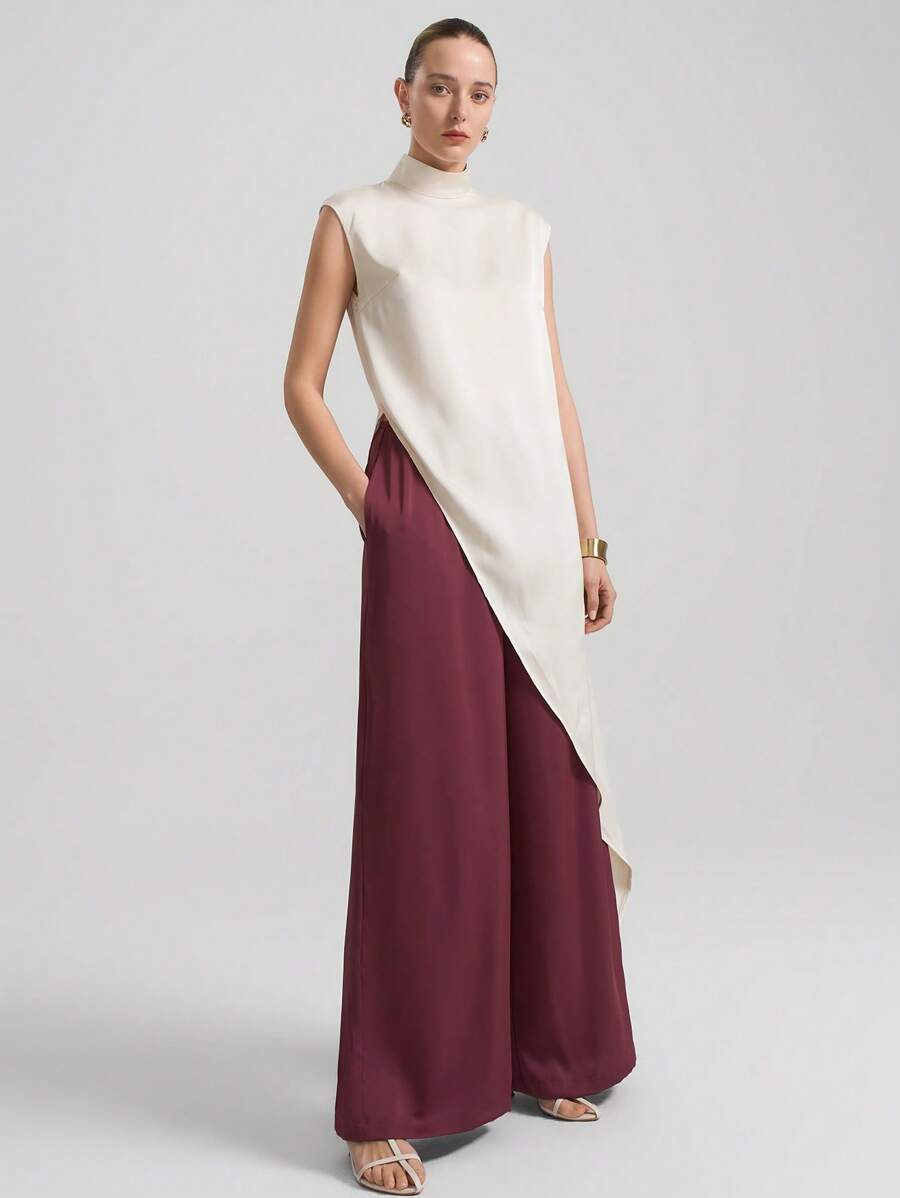 Ontre 女式阔腿裤，都市时尚风格，酒红色，斜纹面料，松紧腰带，女式长裤，抽绳腰部设计，修身腰部设计，日常穿着，女式裤子，春夏