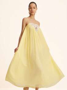SHEIN Unity Elegant Chiffon V-Neck Dress,White And Yellow Summer Brunch Resort Style,Ruched Yoke Contrast Lace,Luxurious Casual Party Cocktail Boho Vacation - Yellow - View 2