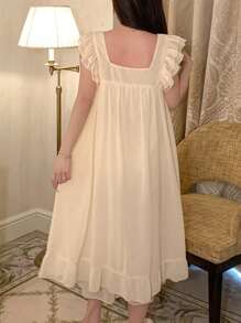 DAZY 女士甜美蝴蝶结荷叶边方领轻盈睡袍，夏季睡衣