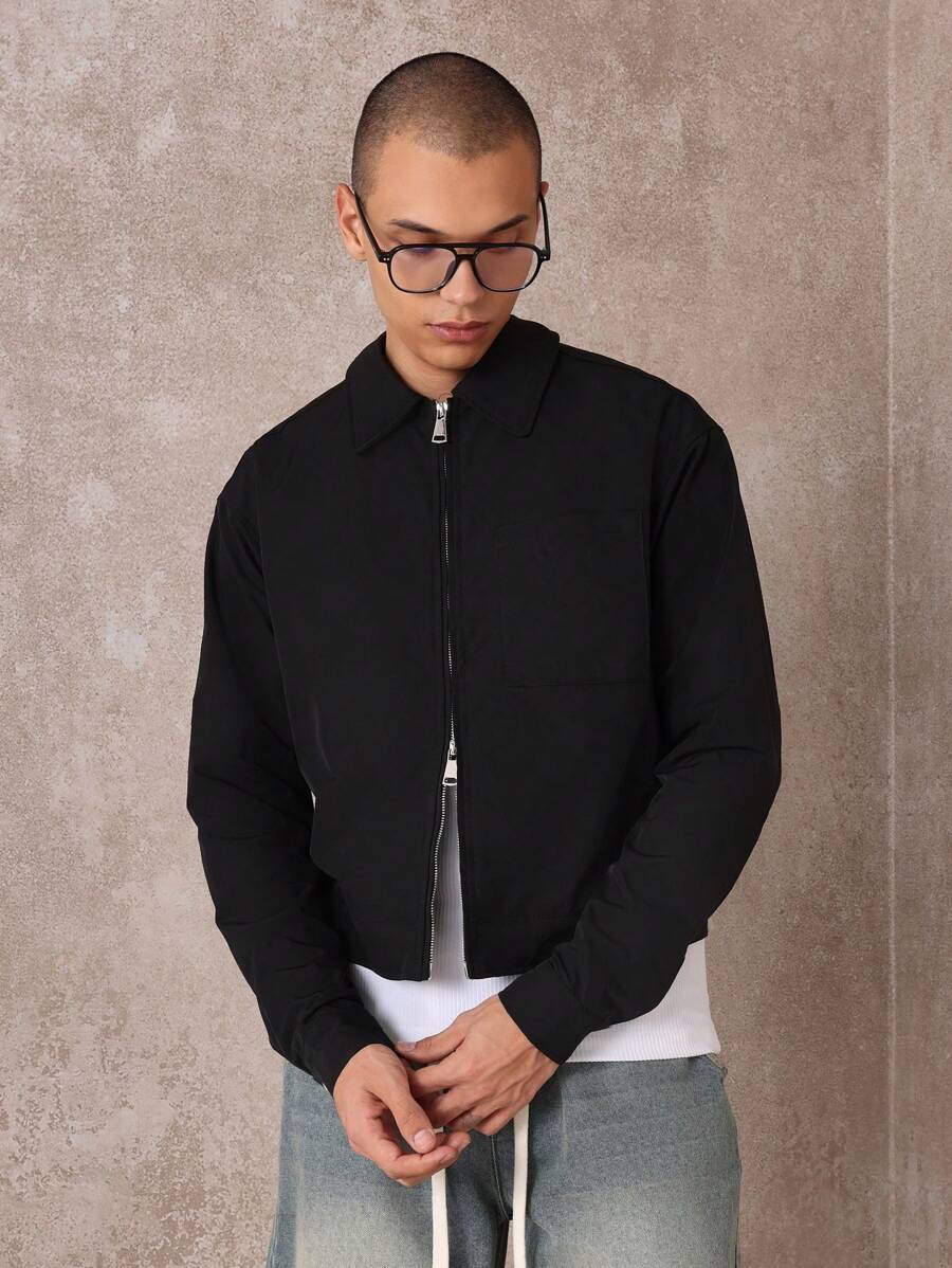 SUMWON Contemporary Zip Front Nylon Jacket Lightweight Urban Essential Minimalist Short Bomber Street Fashion Fall Spring Outwear - Black - View 1