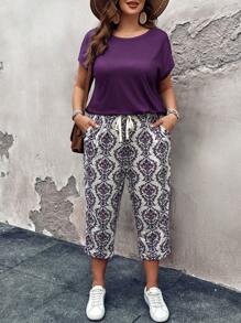 SHEIN LUNE Conjunto de 2 piezas de talla grande - Outfit casual de vacaciones de unicolor que incluye top y pantalones de largo completo - Morado - Ver 1