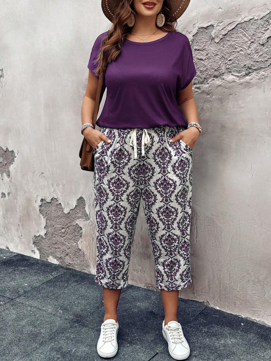 SHEIN LUNE Conjunto de 2 piezas de talla grande - Outfit casual de vacaciones de unicolor que incluye top y pantalones de largo completo - Morado - Ver 1