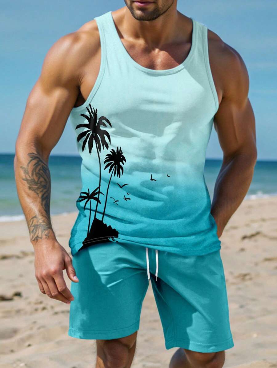 Genlund Men's Vacation Casual Coconut Tree Print Sleeveless Top And Shorts Set, Beach Outfits, Cozy Outfits - Multicolor - View 1