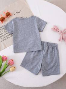 2pcs Baby/Toddler Girls Cute Rabbit Pattern Loose Soft Knitted Gray Short Sleeve T-Shirts And Shorts Set, Suitable For Spring & Summer Indoor/Outdoor - Grey - View 2
