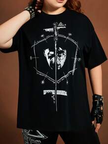 HARRY POTTER X SHEIN Plus Size Graphic Print Round Neck Casual Short Sleeve T-Shirt Y2k Tops Women T Shirts Graphic T-Shirts Graphic Summer For Women/ Summer / Summer / European Summer Old Money Style Women/Old Money Graphic Tees Women Graphic Tees Women Summer Black Tees Easter / Easter Women/ Easter Women Top - Black - View 3