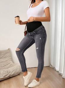 SHEIN Maternity High Waist Ripped Skinny Casual Versatile Jeans - Black - View 3