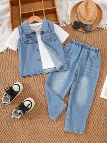 SHEIN 2pcs/Set Kids Boys Casual Korean Style Denim Vest And Jeans Pants, Comfortable Woven 2 Pieces Outfit - Blue - View 4