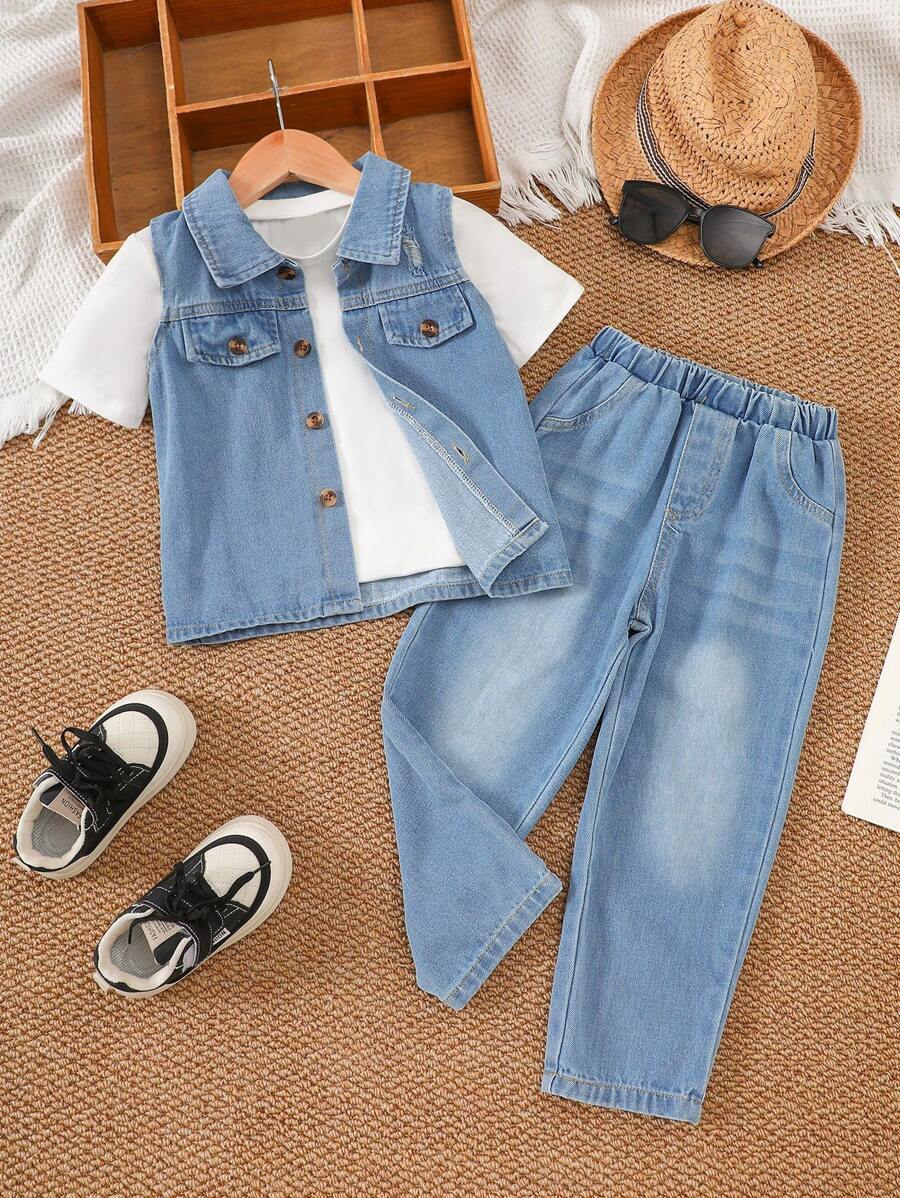 SHEIN 2pcs/Set Kids Boys Casual Korean Style Denim Vest And Jeans Pants, Comfortable Woven 2 Pieces Outfit,Kids - Blue - View 1