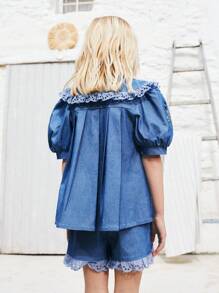 SHEIN Young Girls Embroidered Peter Pan Collar Shirt And Ruffled Shorts Sets