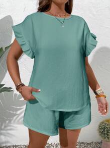 EMERY ROSE Plus Size Women Summer Casual Solid Color Top & Shorts 2 Pieces Set - Mint Blue - View 5
