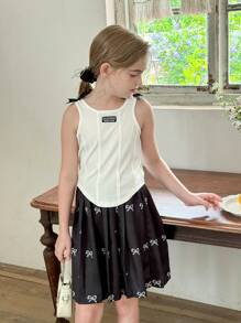 SHEIN Explorewe Tween Girl Bow Shoulder Design Halter Top And Pleated Skirt Elegant 2pcs Set - White - View 1