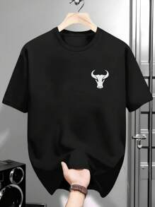 Manfinity Dauomo Men's Personalized Bull Head Print Short Sleeve T-Shirt, Versatile Summer - Black - View 1