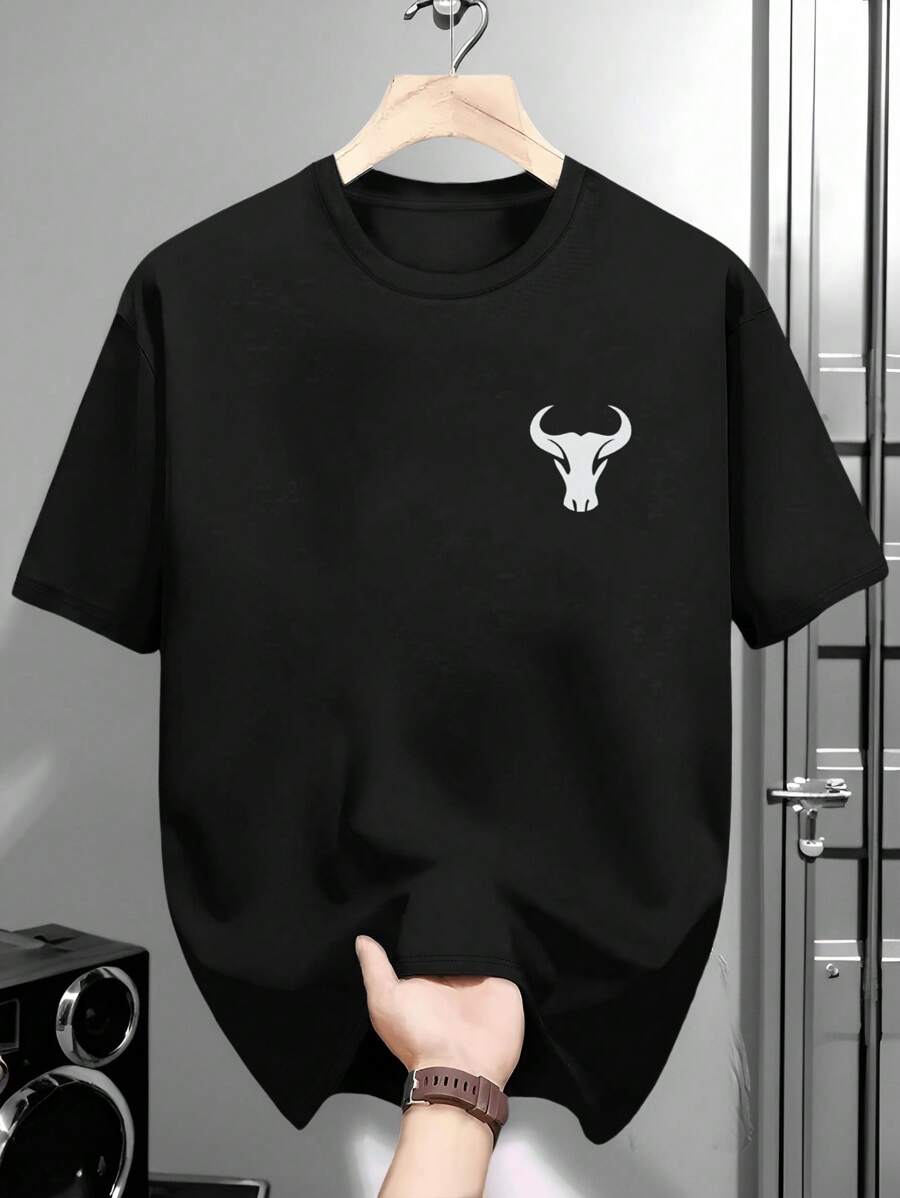 Manfinity Dauomo Men's Personalized Bull Head Print Short Sleeve T-Shirt, Versatile Summer - Black - View 1