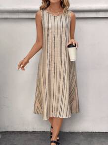 SHEIN LUNE 女士休闲口袋条纹无袖中长连衣裙，适合日常穿着，休闲百搭 - 杏色 - 查看 3