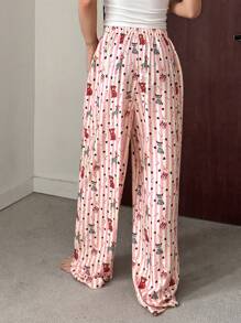 DAZY Striped Cartoon Pattern Print Loose Straight Leg Pajama Bottoms - Pink - View 2