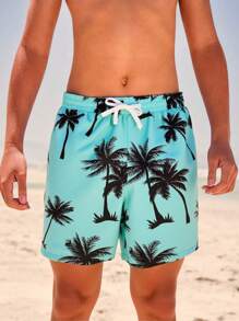 SHEIN Tween Boys Coconut Tree Print Woven Fabric Swim Shorts - Blue - View 1