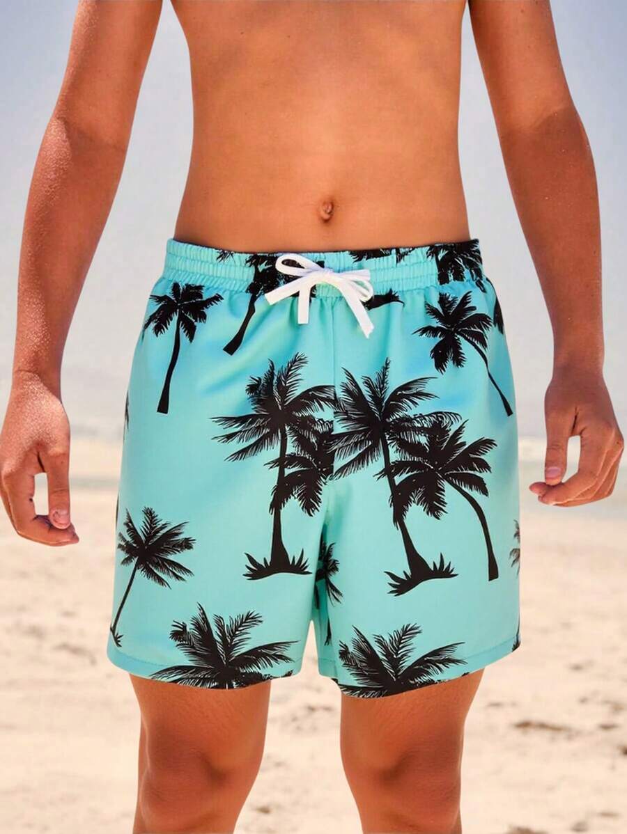 SHEIN Tween Boys Coconut Tree Print Woven Fabric Swim Shorts - Blue - View 1
