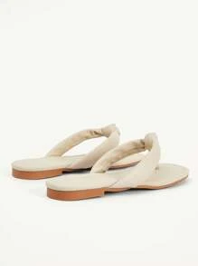 CUCCOO CHICEST Women's Solid Color Round Toe Flat Sandals, Elegant Casual Simple Comfortable Beige Faux Leather Ladies Flip Flops, Beach Shoes, Suitable For Vacation, Beach, Hawaii Island Style