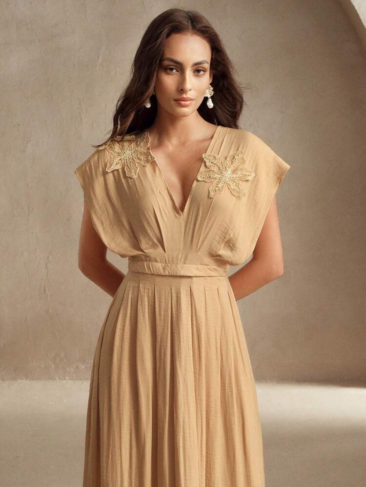 Vestido de verano elegante con escote en V, cintura ceñida y decoración floral, adecuado para graduación, festival, vacaciones, elegancia, vacaciones, alta sociedad, cita nocturna