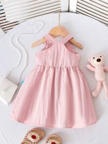 女婴时尚3D彩色冰淇淋和花朵装饰无袖连衣裙，夏季，前开襟纽扣连衣裙，粉色连衣裙，婴幼儿粉色连衣裙，幼儿连衣裙 - 粉色 - 查看 2