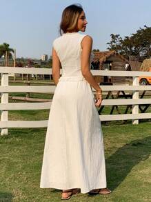 Livesso 2 Stücke Damen Sommer Festival Lässig Urlaub Top mit Vorderbindung ohne Ärmel und Rock Set im Boho-Stil - Weiss - Übersicht 3
