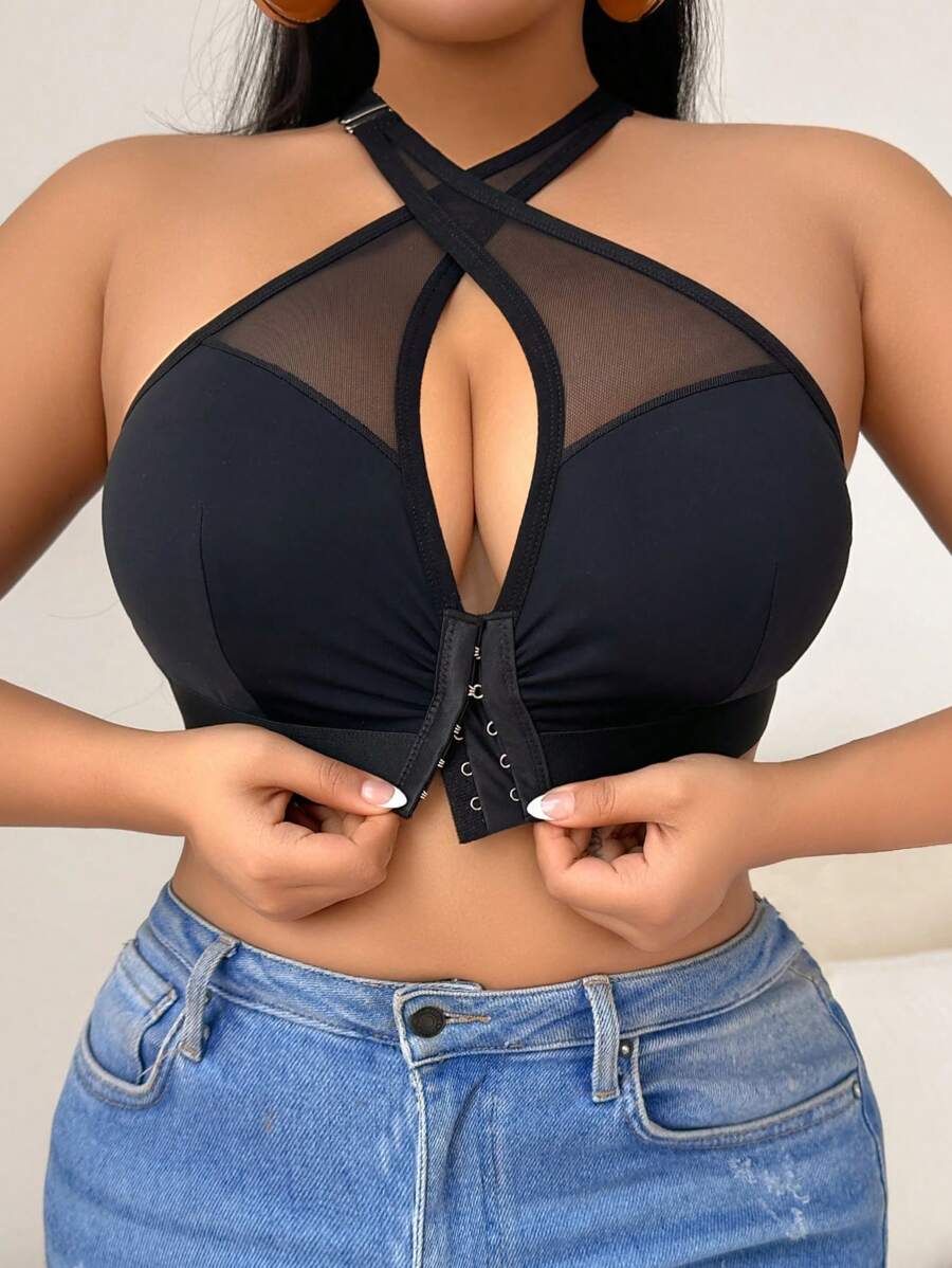 SHEIN Front Closure Halter Hollow Out Plus Size Women Bra - Black - View 1