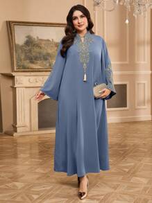 Al Najma Plus Size Women Elegant Embroidered Arabic Dress, Modest - Dusty Blue - View 6