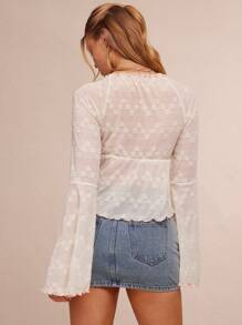 WESTFADE Cute Colorblock Floral Patterned Lace Two Tone Square Neck Bow Front Long Bell Sleeve Ruffle Peplum Flyaway Babydoll Top Spring Summer Vacation