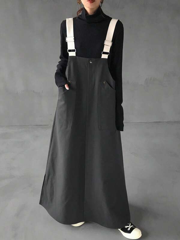 FRIFUL Women's Contrast Color Pocket Design Loose Casual Suspender Mid-Length Dress