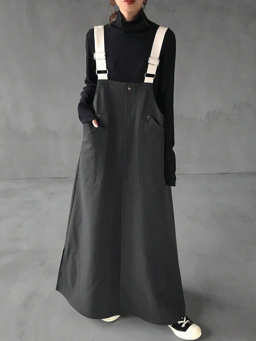 FRIFUL Váy dài vừa phải thiết kế túi màu tương phản cho nữ, dáng rộng, thường ngày có dây đeo - Màu xám đen - Xem 1