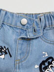 Celana Jeans Denim Medium Wash untuk Bayi Perempuan dengan Motif Grafiti yang Lucu dan Panjang - Medium Wash - View 4