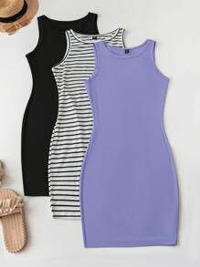 SHEIN LUNE Set de 3 piezas Vestido casual minimalista tallas grandes para uso en exteriores y hogar, festivales, verano, primavera, vacaciones de verano, Día de San Patricio, Pascua, playa, eventos de country, conciertos country para mujeres
