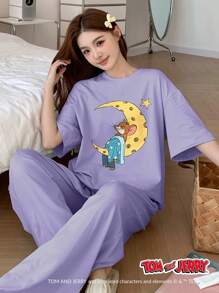 TOM AND JERRY X DAZY 可爱卡通印花宽松 T 恤上衣和超大字母徽标舒适睡裤睡衣套装 - 紫色 - 查看 3