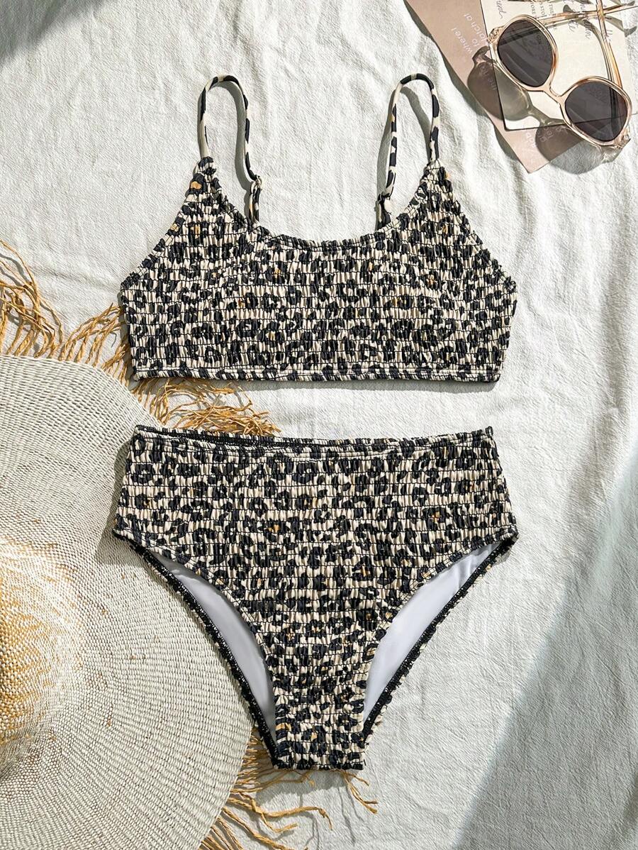 Teen Girl Cute Leopard Print Two Pieces Swimwear Set, Pleated Bikini Swimwear Set - Multicolor - View 1