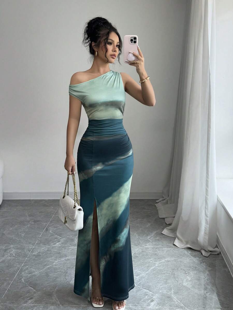 Rafferiza Petite 女士时尚不对称领口连衣裙，适合夏季 - 綠色 - 查看 1