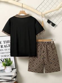 Vacaura Set de 2 piezas de camisa y pantalones cortos casuales y con estilo retro con estampado floral para niños, adecuado para salidas diarias de primavera y verano - Negro - Ver 5