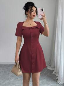 Elenzga Đầm mini cổ bẻ cài nút chữ A tay ngắn thanh lịch dành cho nữ đi làm, mùa xuân/hè - Màu Tím - Xem 1
