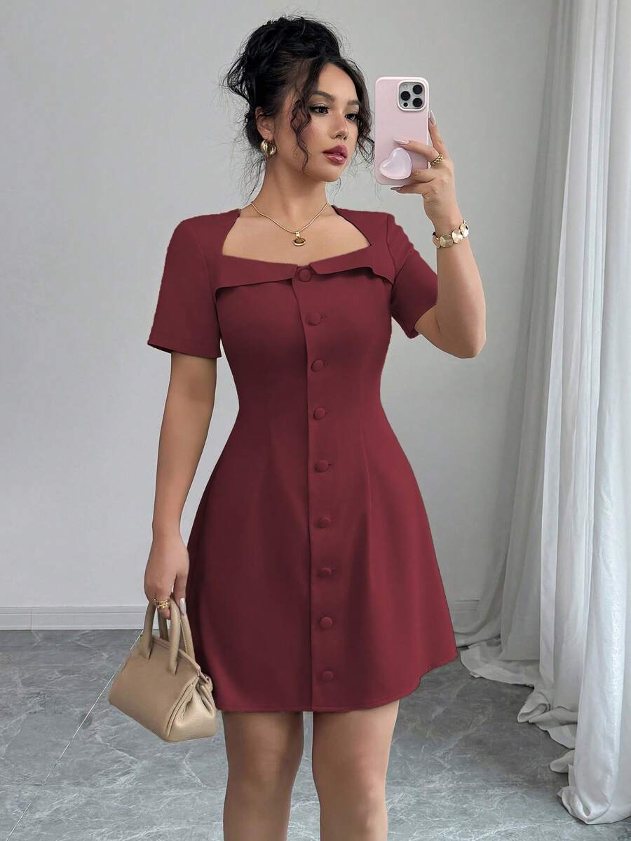 Elenzga Đầm mini cổ bẻ cài nút chữ A tay ngắn thanh lịch dành cho nữ đi làm, mùa xuân/hè - Màu Tím - Xem 1