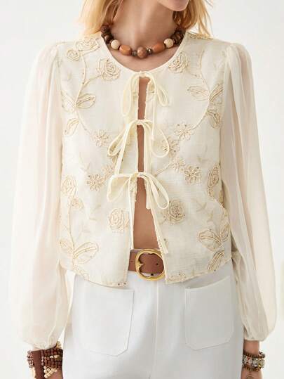 Florisole 圆领系带刺绣休闲衬衫 黄色 春夏