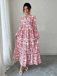 Breezaya Women's Elegant All-Over Print Notched Neck Flare Sleeve Dress - Red - View 5