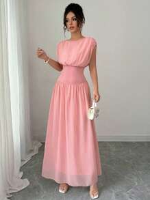 Váy dài thanh lịch, vải chiffon xếp li vát eo Elenzga kiểu Pháp cho nữ vào mùa xuân/hè, trang phục dự tiệc cho nữ, thanh lịch, phù hợp để đi làm hàng ngày, lễ hội âm nhạc, mặc ngày lễ - Hồng - Xem 6