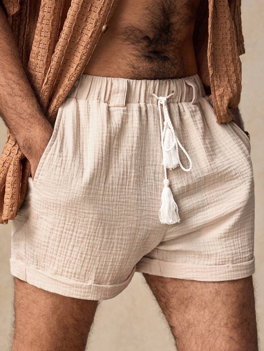 Manfinity BRENVOR Pantalones cortos informales para hombre con doble capa de tela arrugada, cintura con cordón y presillas para cinturón - Caqui - Ver 1