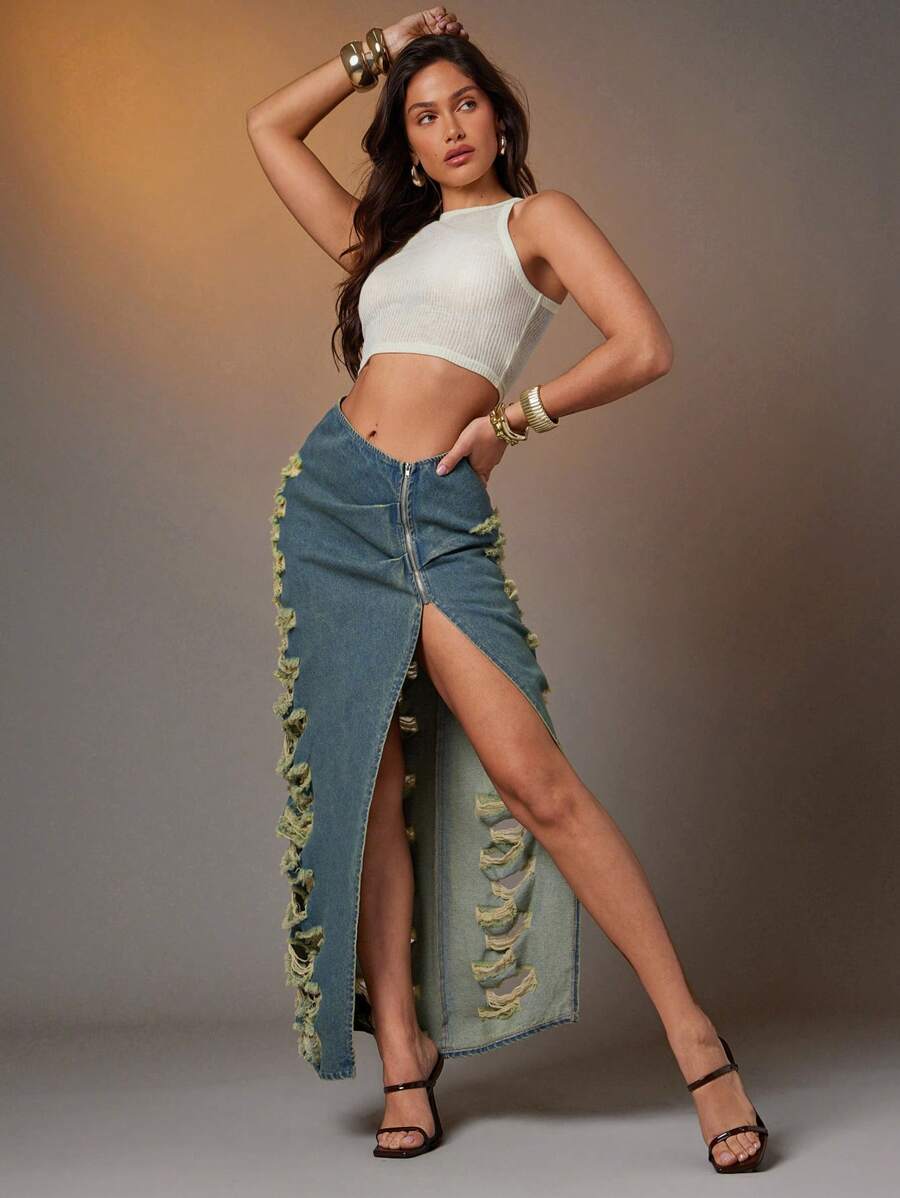 Denimoi Distressed V-Waist Denim Mini Skirt, Casual & Fashionable For Summer - Blue - View 1