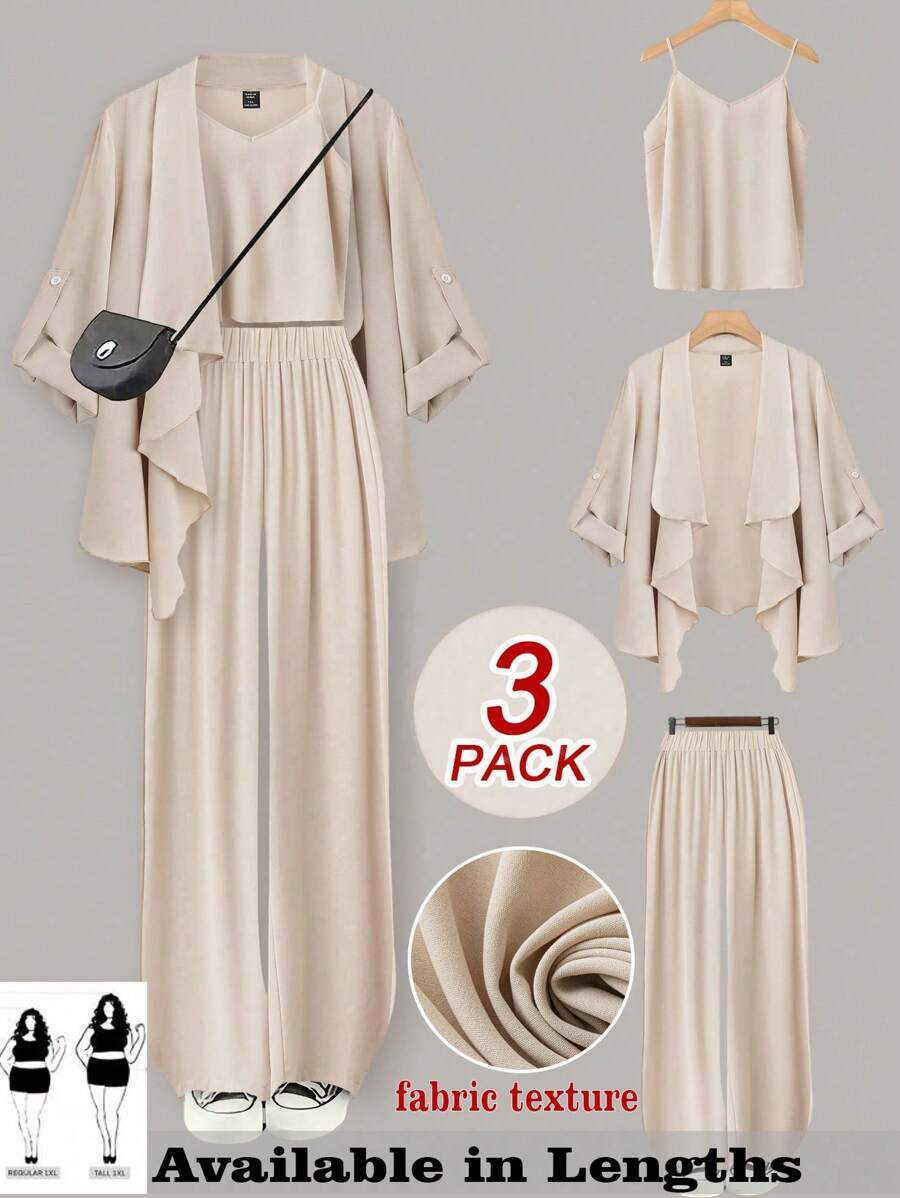 SHEIN Tall Plus Size Women's Solid-Color Woven Cardigan + Camisole + Loose Casual Pants 3-Piece Set - Apricot - View 1