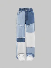 Denimly Tween Girl 都市街头时尚波西米亚风撞色原始下摆宽松直筒牛仔裤，带有原始下摆松紧腰带细节和平口袋，纽扣闭合，女孩必备的节日派对物品。 - 彩色 - 查看 6