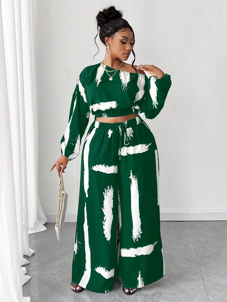 Maweii Plus Size Asymmetric Collar Printed Long Sleeve 2 Pieces Set - Green - View 1