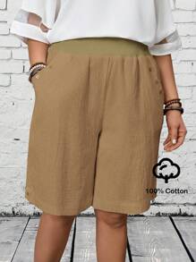 EMERY ROSE Plus Size Women's Casual Bermuda Shorts: 100% Cotton Khaki Shorts With Pockets
