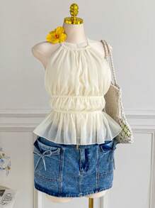 CovetEZ Plus Size Ruched Halter Neck Backless Casual Vacation Tank Top, Spring/Summer - Beige - View 7