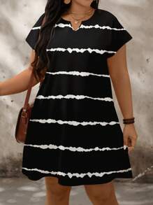SHEIN LUNE Plus Size Striped & Color Block Print Casual Loose Short Sleeve Dress, Summer - Black - View 4