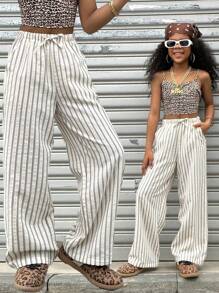Coolane Kids Tween Girls Spring/Summer Streetwear Striped Textured White Baggy Pants,Tropical Vacation ,Spring Break Outfits,Back To School - Multicolor - View 6